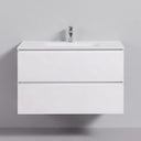 A modern matte white 34-inch wall-mounted bathroom vanity with two drawers and an integrated sink, shown with a chrome faucet against a light gray wall.