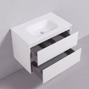A modern matte white 34-inch bathroom vanity with a built-in sink and two open drawers, shown against a light gray wall and floor.