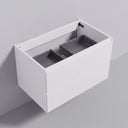 A matte white 34-inch wall-mounted bathroom vanity drawer with two front drawers and an open top storage compartment containing gray organizer bins, shown against a light gray wall and floor.