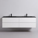 A modern wall-mounted 68-inch double-sink bathroom vanity with a matte white cabinet and a matte black countertop, featuring two black faucets, shown against a light gray wall.