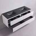 Modern wall-mounted 68-inch bathroom vanity with a rectangular matte black countertop featuring two integrated sinks and four white drawers open, shown against a light gray studio background.