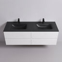 A modern wall-mounted 68-inch double-sink bathroom vanity with a matte black countertop and integrated basins, paired with matte black faucets and a matte white cabinet body with two front drawers.