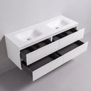 A modern matte white double-sink 68-inch bathroom vanity with four open drawers showing dark gray interior storage compartments, photographed against a light gray wall and floor.