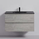 A modern 34-inch floating bathroom vanity with a textured stone gray concrete-look cabinet, a black integrated sink, and a matte black faucet, shown against a neutral light gray wall.