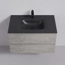 A modern 34-inch wall-mounted bathroom vanity with a matte black rectangular basin and faucet, paired with a light stone gray concrete-look cabinet, shown against a plain light gray wall.