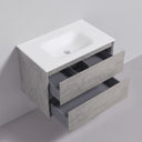 A modern 34-inch wall-mounted bathroom vanity with a matte white integrated sink and a textured light stone gray cabinet featuring two open drawers.