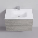 A modern 34-inch wall-mounted bathroom vanity with a matte white integrated sink and chrome faucet, paired with a light stone gray wood-grain cabinet, shown against a neutral gray background.