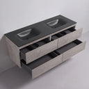 A modern wall-mounted 68-inch bathroom vanity with a matte black double basin countertop and a light stone gray textured cabinet body, with four drawers pulled open, shown against a neutral light gray background.