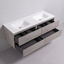 A modern wall-mounted 68-inch double-sink bathroom vanity with a light stone gray concrete-textured cabinet, a matte white integrated countertop, and four open drawers showing dark gray interior storage.