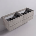 A modern floating wall-mounted 68-inch bathroom vanity cabinet with a textured light stone gray finish and four drawers, shown against a minimalist light gray wall and floor.