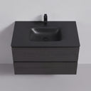 A black oak 34-inch floating bathroom vanity with an integrated matte black rectangular sink and a matching black faucet, shown against a light gray wall and floor.