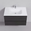 A modern 34-inch wall-mounted bathroom vanity with a matte white rectangular sink and chrome faucet, paired with a dark black oak wood-grain two-drawer cabinet, shown against a light gray wall.