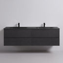 A modern floating 68-inch double-sink bathroom vanity with a dark black oak wood grain finish and matte black integrated basins and faucets, shown against a plain light gray wall.