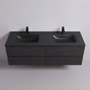 A modern floating 68-inch double-sink bathroom vanity in black oak wood finish and matte black basins, featuring a modern rectangular countertop with two integrated basins and two matching matte black faucet handles, shown against a plain light gray wall.