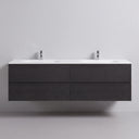 A modern floating 68-inch double-sink bathroom vanity with a dark black oak wood-grain cabinet and a matte white countertop, featuring two chrome faucets, set against a minimalist light gray wall.
