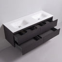 A modern wall-mounted 68-inch double-sink vanity with a matte white countertop and basin, dark black oak wood-grain cabinet, and four open drawers showing storage compartments.