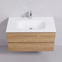 A modern 42-inch wall-mounted bathroom vanity with a matte white integrated sink and countertop, paired with a light oak wood-grain cabinet and a chrome faucet, shown against a neutral gray background.