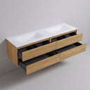 A modern wall-mounted 84-inch double-sink bathroom vanity with a matte white resin top, light oak wood cabinet, and multiple open drawers showing dark gray interior compartments, photographed against a plain light gray wall.