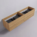 A light natural wood 84-inch wall-mounted bathroom vanity cabinet with multiple drawers and open upper compartments holding dark gray organizer trays, shown against a plain light gray wall and floor.