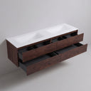 A floating double-sink 84-inch bathroom vanity with a rich brown rose wood grain finish, a matte white integrated countertop, and four open drawers showing dark gray interior compartments, set against a plain light gray wall and floor.
