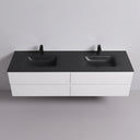 A modern wall-mounted 84-inch double-sink bathroom vanity with a matte black countertop and integrated basins, paired with matte white front cabinets and black faucets, shown against a light gray studio background.