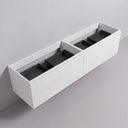 Matte white wall-mounted 84-inch bathroom vanity cabinet with four drawers and dark gray interior organizer trays, shown against a light gray wall and floor.