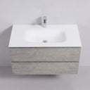 A modern 42-inch wall-mounted bathroom vanity with a matte white integrated sink and countertop, paired with a light stone gray wood-grain cabinet and a chrome faucet, shown against a neutral gray background.