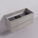 A modern 42-inch wall-mounted stone gray storage cabinet with two drawers and an open top containing two dark gray organizer bins, shown against a light gray wall and floor.
