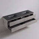 A modern wall-mounted 84-inch double-sink vanity cabinet with a textured stone gray wood-grain finish and a matte black countertop, shown with four lower drawers partially open against a light gray wall.