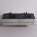 A modern wall-mounted 84-inch double-sink bathroom vanity with a matte black countertop and integrated basins, paired with a light stone gray concrete look cabinet front and two black faucet handles, shown against a plain light gray wall.