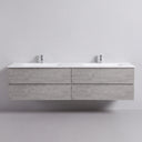 A modern wall-mounted 84-inch double-sink bathroom vanity with a concrete look stone gray finish cabinet with four drawers and a matte white integrated countertop, shown against a neutral light gray wall.
