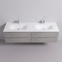 A modern wall-mounted 84-inch double-sink bathroom vanity with a concrete look stone gray finish cabinet with four drawers and a matte white integrated countertop, shown against a neutral light gray wall.