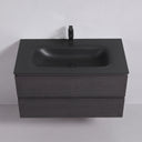 A black oak wood grain finish 42-inch floating bathroom vanity with an integrated matte black rectangular sink and a matching single-lever faucet, shown against a plain light gray wall.