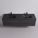 A modern floating 84-inch double-sink bathroom vanity in dark black oak wood finish and matte black top, featuring two integrated basins and four separate front drawers, shown against a minimalist light gray background.