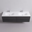 A modern wall-mounted 84-inch double-sink bathroom vanity with a dark black oak wood finish cabinet with four drawers and a matte white integrated countertop, shown against a neutral light gray wall.