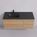 A modern 52-inch wall-mounted bathroom vanity with a light oak wood cabinet, a matte black countertop, an off center integrated black basin, and a matching matte black faucet, shown against a neutral gray background.