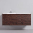 A modern wall-mounted 52-inch bathroom vanity cabinet in a rich brown rose wood finish, an off centered matte white top basin made from resin and quartz and four drawers of storage space shown against a light gray neutral wall.