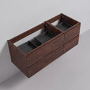 A rich brown rose wood finish wall-mounted 52-inch bathroom vanity cabinet with four drawers shown against a light gray wall and floor.