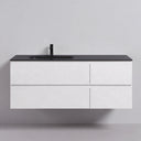 A modern 52-inch wall-mounted bathroom vanity with a matte white cabinet and a matte black countertop, featuring an integrated off center black sink and a matching black faucet, shown against a light gray wall.