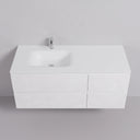 A modern wall-mounted 52-inch bathroom vanity cabinet in a matte white finish, an off centered matte white top basin made from resin and quartz and four drawers of storage space shown against a light gray neutral wall.