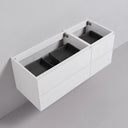 A matte white wall-mounted 52-inch double drawer bathroom cabinet with dark gray interior pull-out organizer drawers, shown against a minimalist light gray wall and floor.