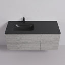 A modern 52-inch wall-mounted bathroom vanity with a matte black countertop and integrated off centered sink, paired with a light stone gray textured cabinet front and a black faucet, shown against a plain light gray wall.