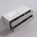 A modern wall-mounted 52-inch bathroom vanity with an off centered matte white integrated sink and a textured light stone gray cabinet, shown with four drawers partially open against a plain light gray wall.