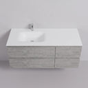 A modern wall-mounted 52-inch bathroom vanity with a matte white integrated off center sink and countertop, paired with a light stone gray textured cabinet front and a chrome faucet, shown against a plain light gray wall.