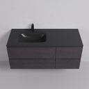 A modern floating 52-inch bathroom vanity with a matte black countertop, integrated off centered black basin, and a matching matte black faucet, shown against a plain light gray wall and floor.