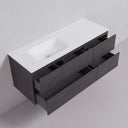 A modern wall-mounted 52-inch bathroom vanity with a matte white off center rectangular basin and a dark black oak wood-grain cabinet with four open drawers, shown against a light gray wall.