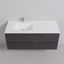 A modern wall-mounted 52-inch bathroom vanity with a matte white off center integrated sink and countertop, paired with a dark black oak wood-grain lower cabinets and a chrome faucet, shown against a light gray wall and floor.