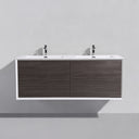 A modern 59-inch wall-mounted double-sink bathroom vanity with a white frame and white integrated basins, paired with dark graphite wood-grain doors and two chrome faucets, shown against a light gray wall.