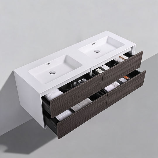BAI Monza 59-inch Floating Bathroom Vanity with Gloss White Double Sink
