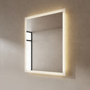 BAI 21001 modern 30-inch LED bathroom mirror with anti fog and frosted edge design with warm spa-like glow side view.